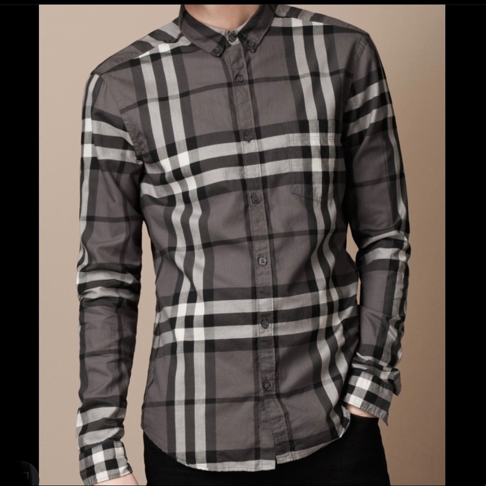 Mens Burberry Brit Exploded Check Grey/Black Long Sleeve Dress Shirt Size XL.